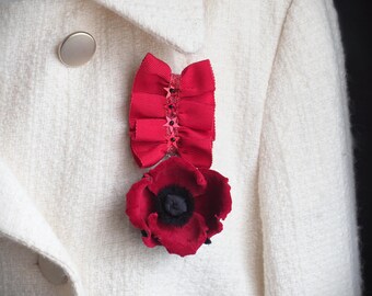 FLOWER MEDAL PIN, velvet poppy, burgundy velvet brooch