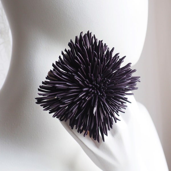 ready  to ship CONTEMPORARY LEATHER JEWELRY, dark aubergine leather flower, 3rd leather anniversary gift, leather chrysanthemum corsage