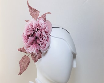 ready to ship VELVET BERET HAT with dusky berry pink silk rose, races flower hat, pink silk rose hairpiece, pink silk rose headpiece