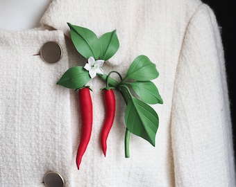 Red Leather Vegetable Pin: Pepper Brooch, Fall Corsage