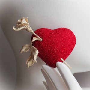 ready to ship HEART SHAPED BROOCH with a golden rose, romantic gift, St Valentines Day gift, golden rose brooch, heart shaped textile pin
