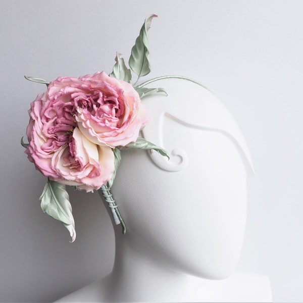 ready to ship SILK ROSE HEADPIECE, pale pink floral headband, bridal fascinator, pink silk rose wedding hairpiece, floral fascinator