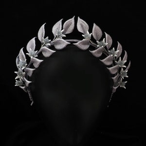 ready to ship silver LEAF and FLOWER HEADPIECE, silver fabric leaf tiara, bridal leaf crown, elven circlet, silver leaf grecian headband