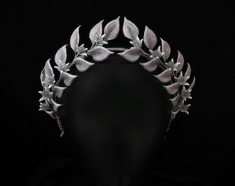 ready to ship silver LEAF and FLOWER HEADPIECE, silver fabric leaf tiara, bridal leaf crown, elven circlet, silver leaf grecian headband