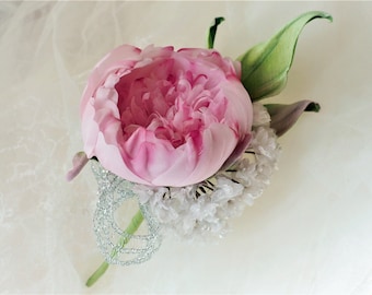 SILK PEONY BUTTONHOLE, peony boutonniere, grooms buttonhole, peony wedding, summer wedding, pink peony wedding flower, handmade peony