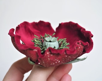 ready to ship BURGUNDY VELVET POPPY flower brooch, wine red poppy corsage, velvet flower, poppy pin, poppy jewelry, hostess gift