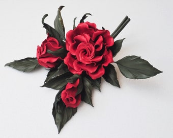 RED LEATHER ROSES corsage, leather anniversary gift for her, red leather jewelry, leather corsage, red roses brooch