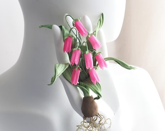 ready to ship PINK SILK BELLS corsage, pink flower brooch, spring flower bulb, botanical jewelry, textile gift for her