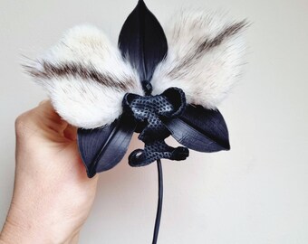 ready to ship BLACK LEATHER ORCHID, leather and fur flower brooch, leather anniversary gift, orchid corsage