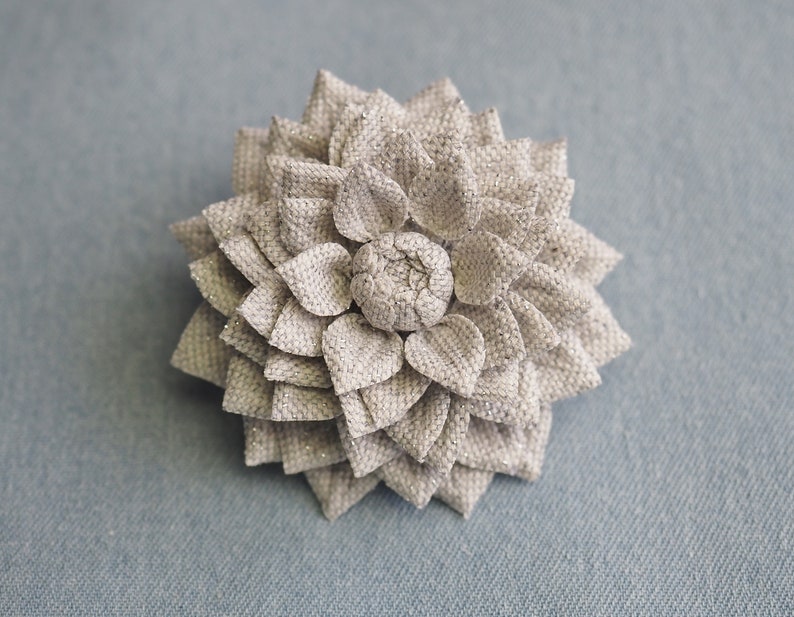 silver cotton dahlia brooch pin silver flower SILVER COTTON BROOCH textile flower pin silver fabric jewellery metallic fabric corsage