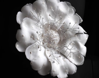 Festive WHITE FLOWER BROOCH: velvet and silk bridal corsage, special occasion floral pin, white and silver oversized flower