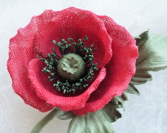 final reductions RED POPPY CORSAGE, linen poppy brooch, fabric poppy flower, red wild poppy, hand dyed linen poppy, poppy flower jewellery