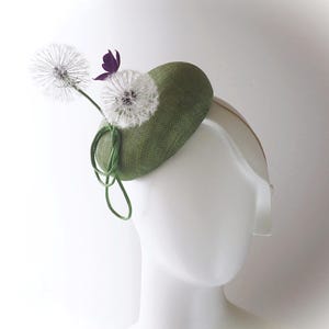 SILK DANDELION HAT, dandelion clock button hat, Ascot hat, dandelion wedding, silk dandelion headpiece, dandelion cocktail hat, races hat