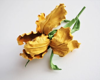 ready to ship YELLOW LEATHER IRIS brooch, leather flowers, leather iris flower corsage, leather iris jewellery, leather anniversary