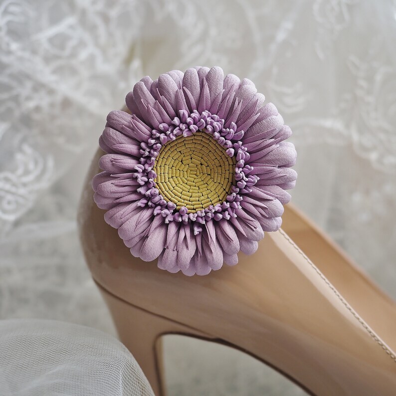 ready to ship pink LEATHER SHOE CLIPS, gerbera flower shoe clips, bridal flower shoe brooches, leather anniversary gift for her image 2