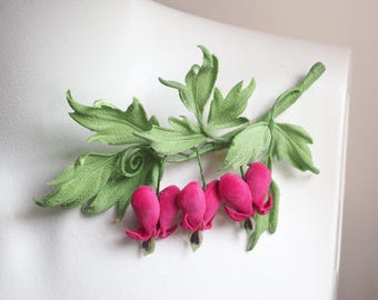 ready to ship VEVET HEART BROOCH, bleeding heart floral jewelry, hot pink flower corsage, cotton gift for her, handmade dicentra botanical