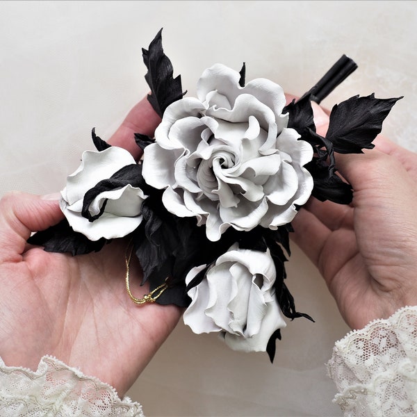 LEATHER ROSE CORSAGE, leather anniversary gift for her, black white leather jewelry, rose brooch, white leather rose, 3rd anniversary gift