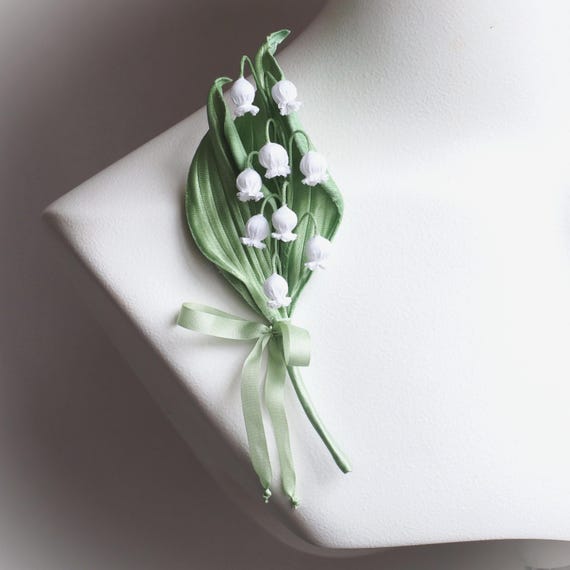 ready to ship cotton LILY of the VALLEY BROOCH, cotton gift for her, fabric lily of the valley wedding, lily-of-the-valley corsage
