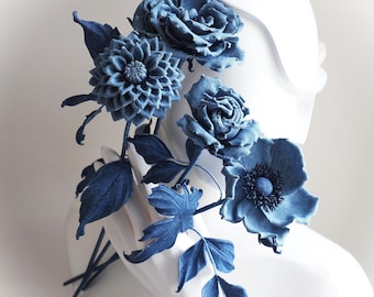 DENIM WEDDING FLOWERS, denim rose on a stem, cotton anniversary gift for her, long stemmed rose romantic gift, denim flower bouquet