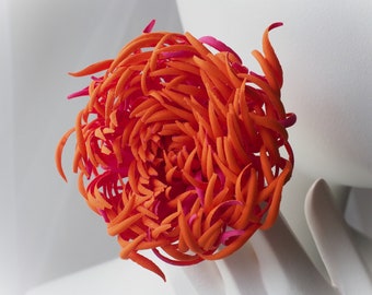 ready to ship ORANGE PINK CHRYSANTHEMUM brooch. cotton chrysanthemum flower, textile chrysanthemum, cotton anniversary gift for her
