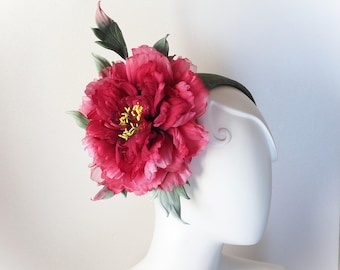 ready to ship oversized SILK PEONY HEADPIECE, statement burdundy flower hat, spring wedding fascinator, retro style floral hat