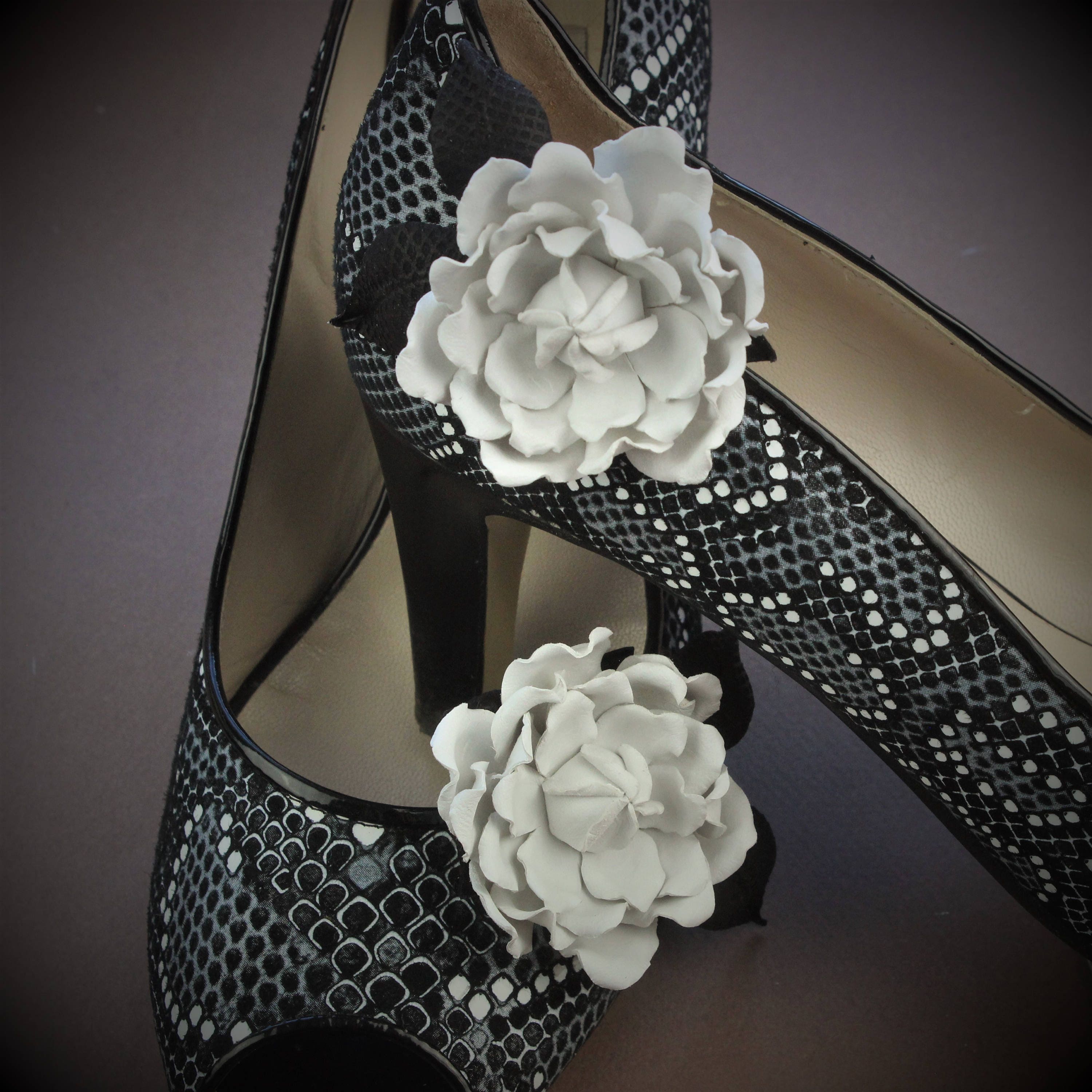 Leather White And Black Gardenia Flower Shoe Clips Bridal Etsy