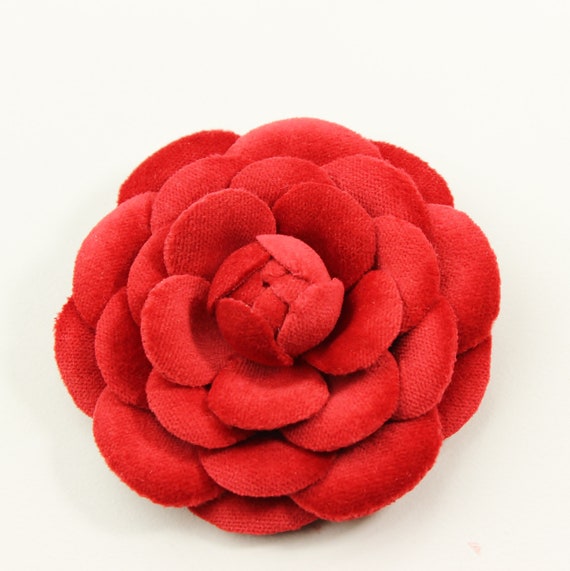 RED VELVET CAMELLIA Flower Brooch St Valentines Gift Cotton 