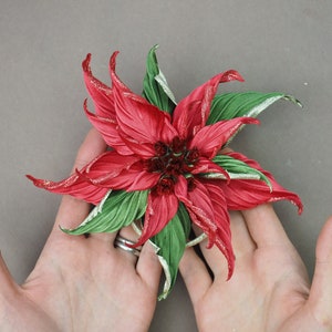 RED POINSETTIA BROOCH, Christmas gift, large flower textile brooch, gift for her, silk flower corsage, fabric flower corsage