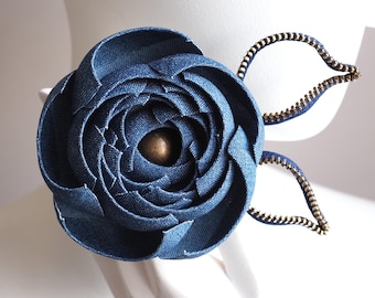 ready to ship cotton DENIM ROSE FLOWER, denim flower brooch, wedding anniversary gift, denim wedding, denim rose jewelry, cotton gift