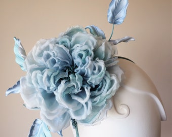 ready to ship pale BLUE ROSE HEADPIECE, oversized silk flower headpiece, bridal fascinator, pale blue silk rose wedding hairpiece