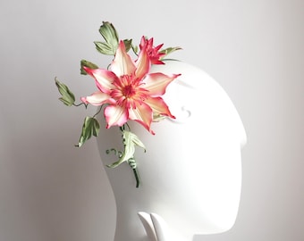 ready to ship large SILK CLEMATIS HEADPIECE, hand dyed pink flower headband, summer bridal headband, couture fabric flowers