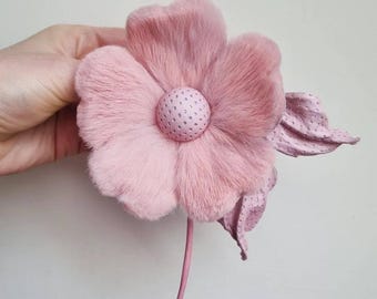ready to ship PINK FLOWER CORSAGE, leather and fur flower brooch, pink leather anniversary gift for her