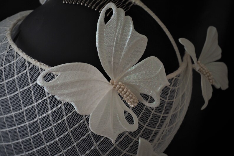 CONTEMPORARY BRIDAL VEIL headpiece, ivory birdcage bridal veil piece, crinoline veil with butterflies, pearlescent butterfly hairpiece image 7