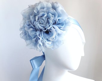 Oversized Pale Blue Silk Rose Headpiece: Bridal Fascinator
