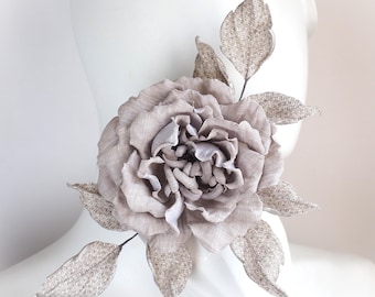 ready to ship LINEN ROSE CORSAGE, large undyed linen rose wedding anniversary gift, shabby chic linen flower brooch