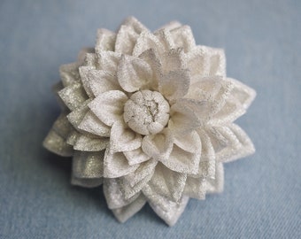 SILVER FABRIC BROOCH, metallic fabric corsage, silver flower, silver fabric jewellery, silver dahlia brooch pin, textile silver flower pin