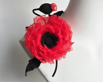 ready to ship RED ORGANZA POPPY corsage, red and black Poppy Brooch, organza and velvet poppy corsage, red fabric poppy, red wedding