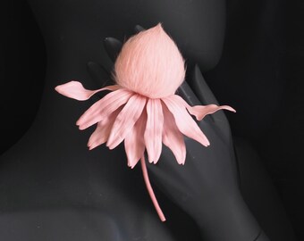 ready to ship PINK LEATHER FLOWER, leather and fur floral brooch, leather boutonniere, leather anniversary gift for her