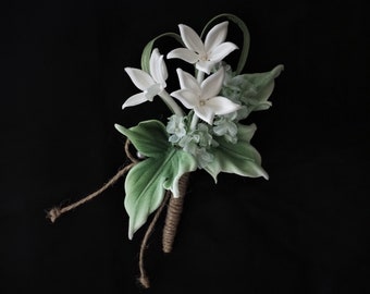 ready to ship FABRIC JASMINE BOUTONNIERE, gypsophila grooms buttonhole, stephanotis boutonniere, white flower and ivy leaf buttonhole
