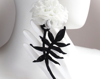 BLACK and WHITE FLOWER brooch, silk marigold gift for her, white grooms boutonniere, dinner jacket buttonhole