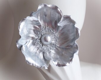 ready to ship SILVER FABRIC FLOWER corsage, metallic fabric rose brooch, large flower gift for her