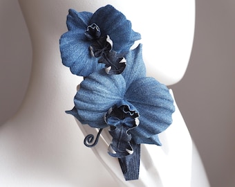 ready to ship DENIM ORCHID BROOCH, cotton denim flower, fabric orchid corsage, wedding anniversary gift, denim boutonniere, cotton gift