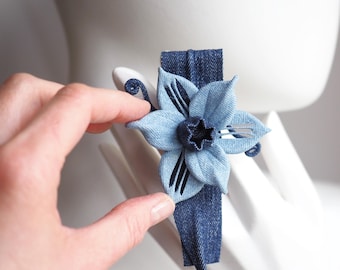 ready to ship BLUE DENIM DAFFODIL brooch, cotton floral jewelry, denim flower, denim buttonhole, cotton narcissus brooch, spring jewelry