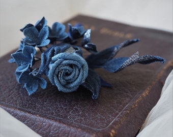 DENIM ROSEBUD BOUTONNIERE, denim wedding, denim rose flower, denim rose lapel pin, flower lapel pin, fabric flower, cotton rose