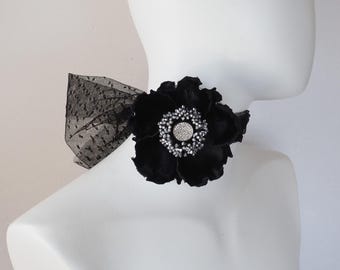 Black Velvet Rose Choker: Silver Crystal Center, Self-Tie Tulle Necklace, Floral Necklace