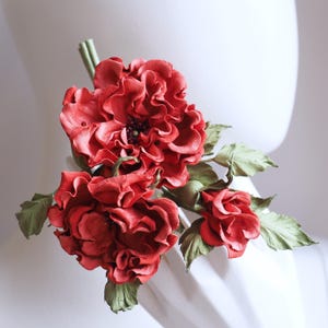 ready to ship coral RED LEATHER ROSES corsage, leather flowers, leather anniversary gift for her, Mother's Day gift, leather jewelry image 1