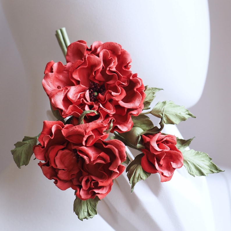 ready to ship coral RED LEATHER ROSES corsage, leather flowers, leather anniversary gift for her, Mother's Day gift, leather jewelry image 1