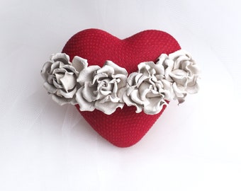 ready to ship red LEATHER HEART BROOCH, leather anniversary gift, St Valentines Day gift, white rose heart brooch, heart shaped leather pin