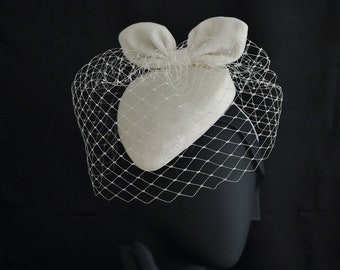 Velvet bridal hugger hat, ivory wedding hat, velvet cocktail hat, veil hat, bow hat, ivoty bridal fascinator