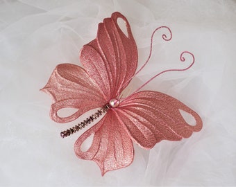 ready to ship ROSE GOLD BUTTERFLY hair comb, pink butterfly hair comb, rose gold wedding butterfly, bridal butterfly, summer wedding